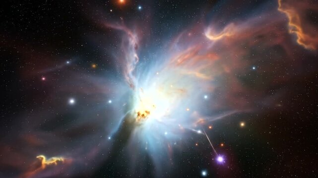 A vibrant cosmic nebula showcasing colorful gases and stars, with swirling patterns and distant celestial bodies in the background