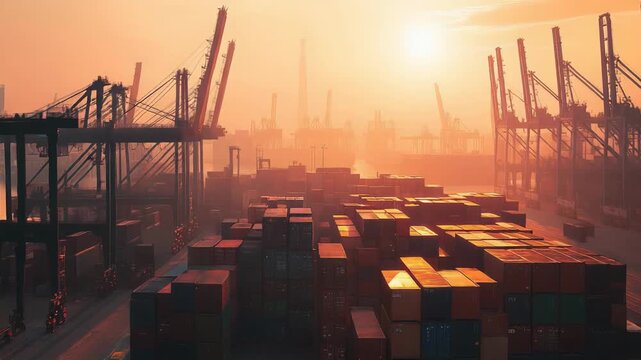 Stacks of cargo containers filling an industrial port terminal with numerous cranes silhouetted against a golden sunset, representing global trade and logistics