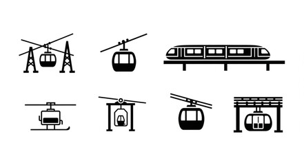 Collection of transportation icons including cable cars and helicopter. © Kiki