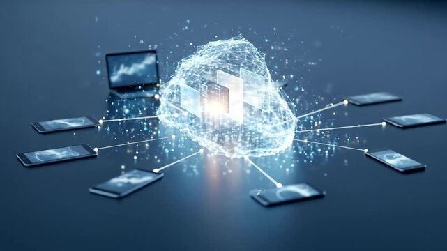 Digital cloud computing concept with devices connected in a network, showcasing data exchange and technology integration