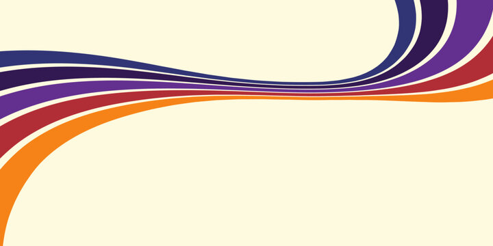 Abstract colorful 70s background vector. Vintage retro wallpaper with rainbow stripes and wavy lines. A 1970 color illustration suitable for posters, banners, decorative items and wall art.