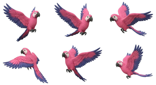 pink parrots in flight set of six against a white background illustration or design elements