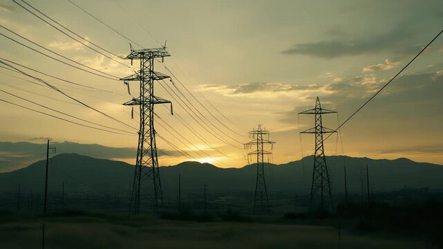 Transmission towers carrying electricity across a rural landscape during a beautiful sunset, symbolizing the widespread distribution of power and energy infrastructure connecting communities