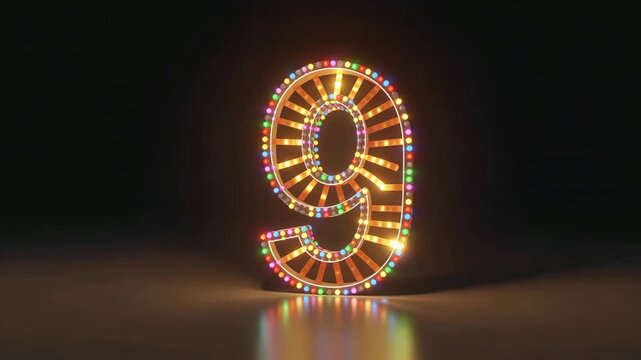 Bright LED Number Nine Illuminating Night Scene For Celebration.