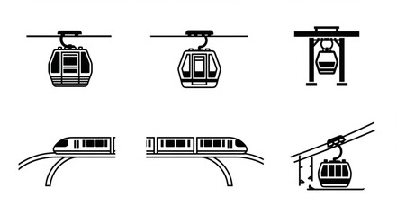 Set of icons representing different types of cable cars and monorails. © Kiki