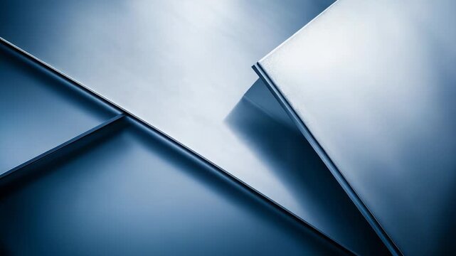Architectural detail of modern construction materials, featuring sleek metallic surfaces with a gradient of blue tones creating compelling geometric patterns and textures
