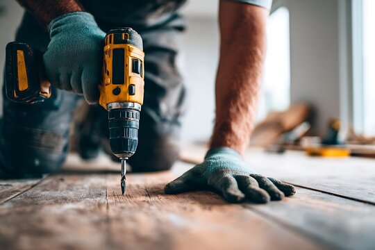 Craftsman Working on Deck Construction With Power Tools at Home