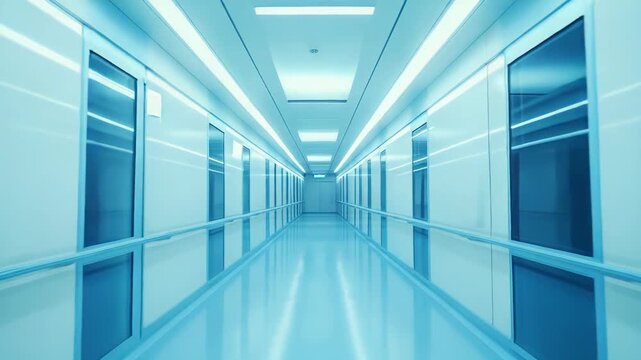 Long futuristic institutional corridor featuring clean white walls, glass panels, gleaming floor, and overhead lighting, creating a sterile environment for scientific research