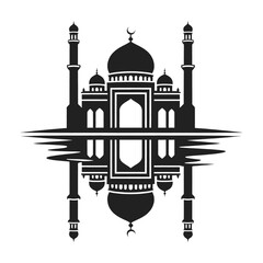 Islamic mosque silhouette with water reflection minimal black vector illustration