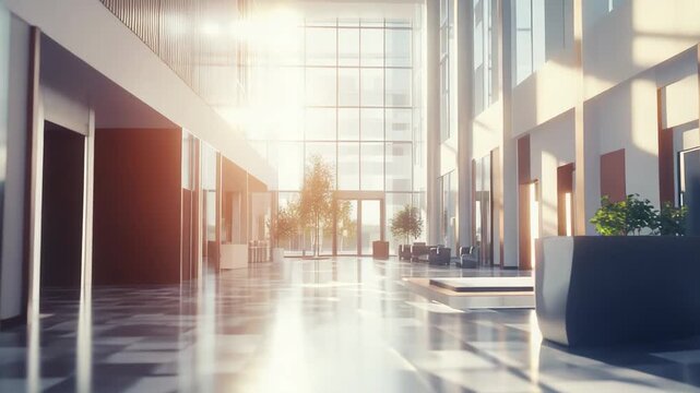 Spacious multi story office lobby featuring large windows, a reflective tiled floor, and small trees, capturing bright morning sunlight streaming inside