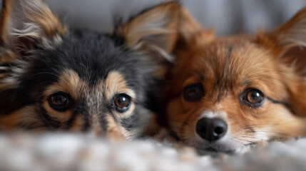 Two Adorable Puppies Lying Close Together &ndash; Cozy Close-Up Portrait、寄り添って眠る2匹の子犬 クローズアップの癒しポートレート