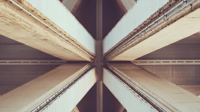 Concrete bridge structure featuring a complex architectural design with intersecting beams, creating a visually compelling geometric pattern and emphasizing strength in its construction