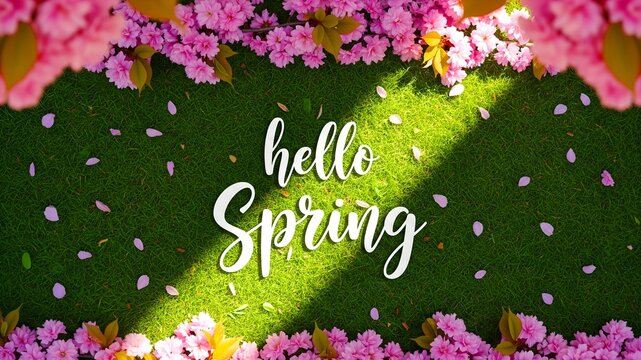 Hello spring greeting in stylized white script centered over vibrant green grass framed by lush pink cherry blossom flowers and scattered petals signifying seasonal renewal.