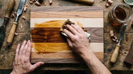 Overhead View of Craftsman Hands Applying Natural Oil to Wood Cutting Board with Rich Color Transformation