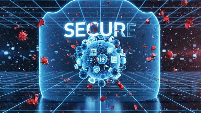 Digital sphere with data icons protected from surrounding virus threats