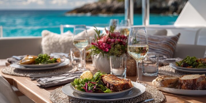 Elegant dining experience on a yacht. Fresh salads and gourmet dishes set against a stunning ocean backdrop. Witness luxury and taste in perfect harmony. Generative AI