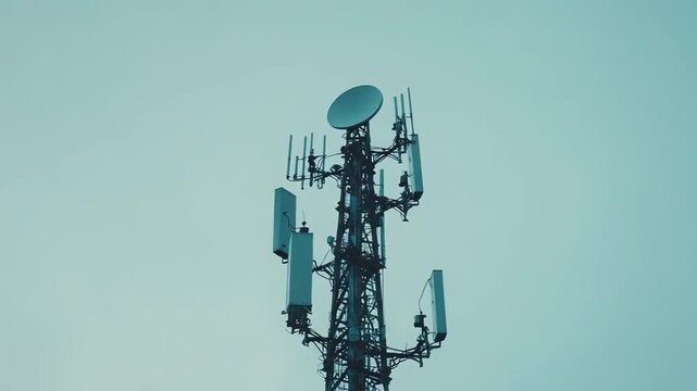 Telecommunication tower standing against a clear sky, featuring multiple antennas and transponders facilitating wireless communication infrastructure and digital connectivity
