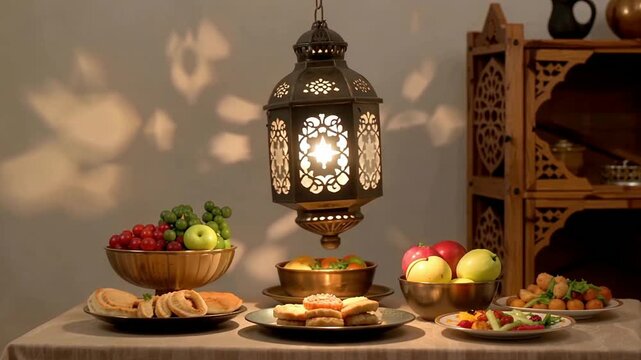 Traditional Lanterns And Feast Setup With Bread Fruits On Wooden Table.