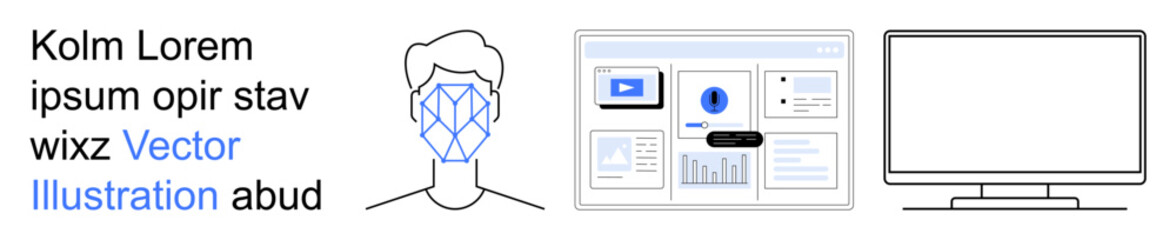 Facial recognition, cybersecurity, digital identity, technology development, data processing, user interface. Face detection diagram, digital monitoring dashboard desktop screen illustration. Facial