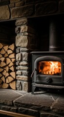 Cozy stone fireplace interior with burning wood stove and neatly stacked logs on rustic hearth