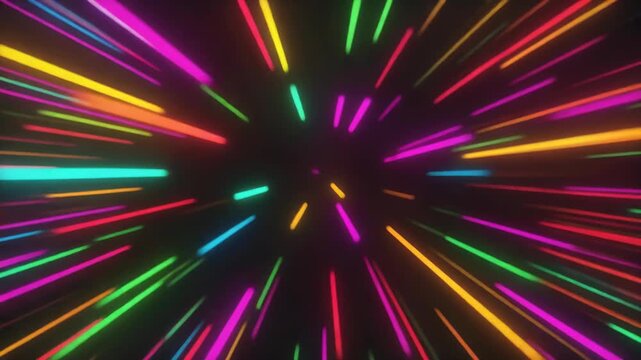 Abstract colorful neon light streaks zoom background illustrating hyperspace warp speed and retro futuristic synthwave style