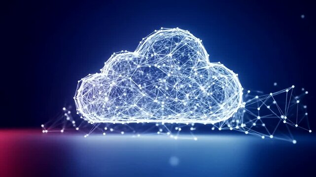 Futuristic cloud computing concept with interconnected nodes and lines, glowing against a dark blue background, symbolizing digital networks