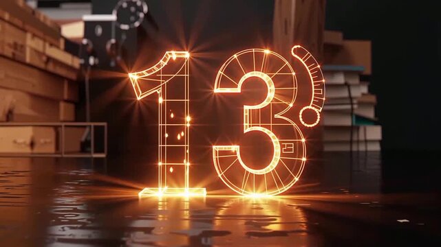 Fiery numeric thirteen formed by sparks at night workshop.