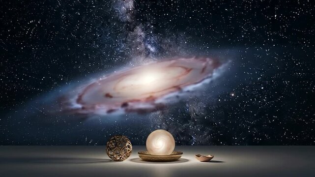 A serene cosmic scene featuring celestial objects on a table, with a swirling galaxy backdrop and a tranquil atmosphere