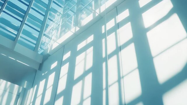 Modern architectural interior featuring sunlight streaming through a large glass facade, creating geometric patterns of light and shadow across a bright wall