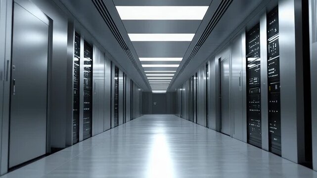 Long corridor in a modern data center, showcasing rows of metallic server racks with blinking lights, emphasizing secure digital storage, network infrastructure, and global cloud computing
