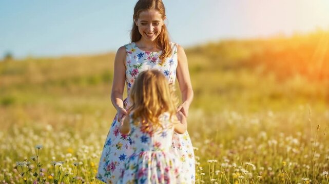 Mother and daughter spinning in wildflower meadow. Happy family dancing in sunny field during golden hour. Woman and child in floral dresses playing outdoors