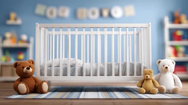 Empty white baby crib and teddy bears in a blue nursery room.