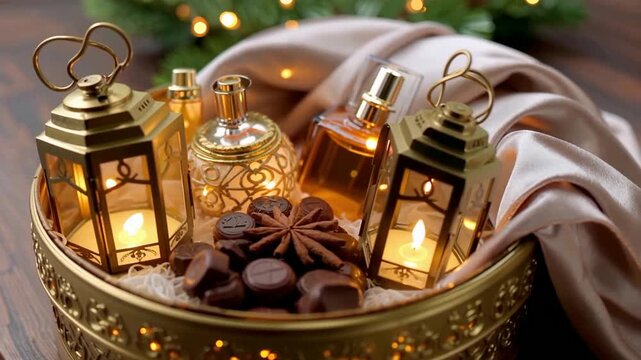 Warm Festive Lanterns And Spices On Decorative Tray.