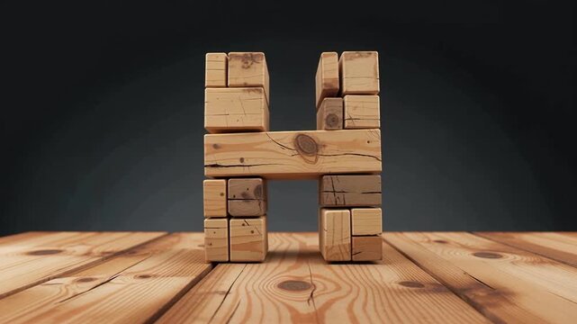 Wooden Block Letter H Built from Cubes.