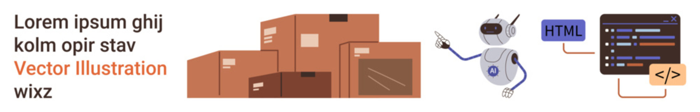 Warehouse management, robotics, coding, technology innovation, packaging logistics, AI programming. Stacked boxes, robot and coding interface with HTML. Warehouse management and robotics technology