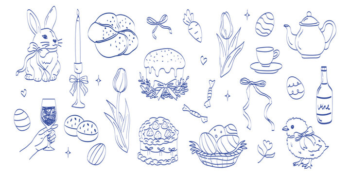 Cute Spring and Easter illustration set in rustic village doodle sketch style. Easter eggs, bunnies, flower, rabbit and chicken. Hand-drawn elements for decorations, greeting cards, invitations.