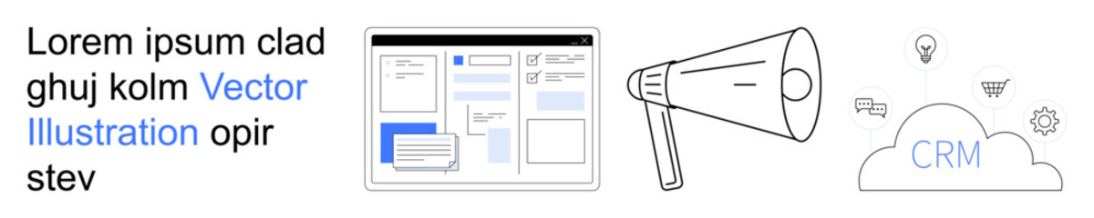 CRM tools, marketing strategies, cloud services, digital business, software workflow, project efficiency. Dashboard, megaphone CRM text in cloud. CRM tools and marketing strategies concept