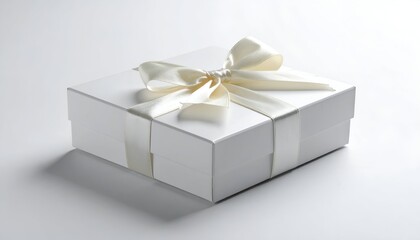 Obraz premium White gift box with cream satin ribbon and bow on a white background