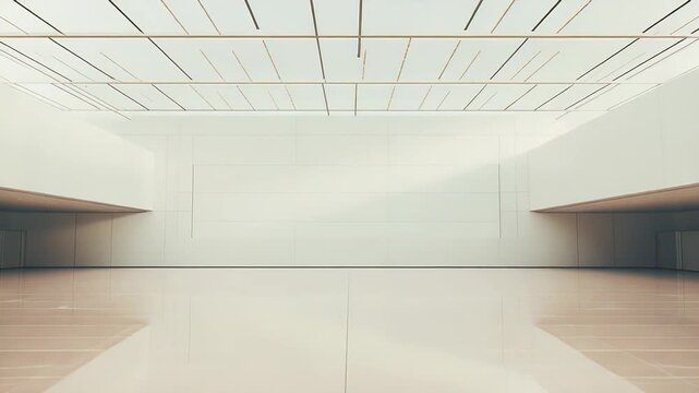 Empty interior of a contemporary building featuring pristine white walls, a polished reflective floor, and an overhead grid ceiling, creating a spacious and elegant architectural backdrop