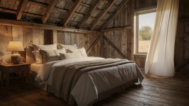 Cozy farmstay bedroom in a rustic barn with exposed wooden beams soft linens on the bed and a blurred hayfield visible through the window.