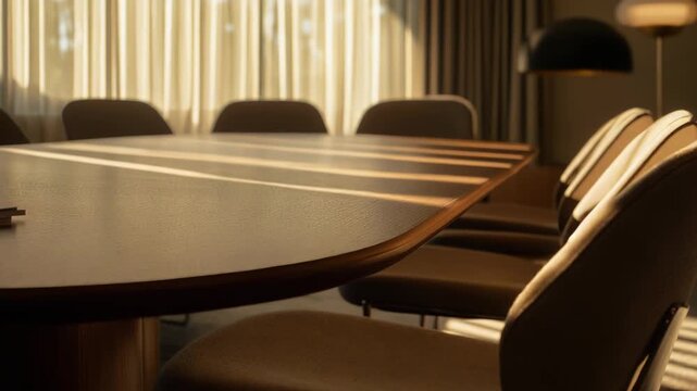 Spacious boardroom with long wooden conference table and executive chairs, warm afternoon sunlight casting striped shadows through curtains, calm corporate atmosphere