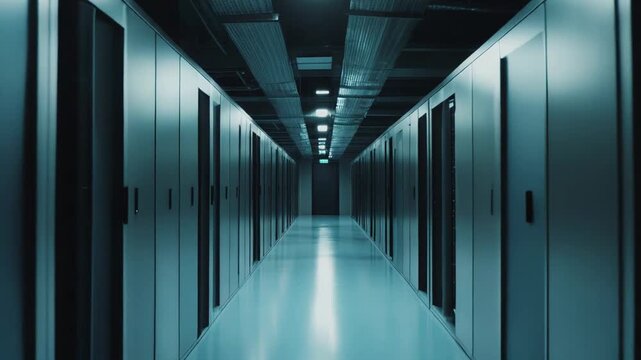 Data center corridor extending into the distance, showcasing rows of closed server racks and critical network infrastructure, representing the backbone of modern cloud computing and technology