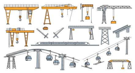 Collection of various industrial cranes and cable cars. © Bakti