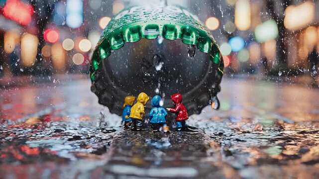 Miniature People Under Large Green Bottle Cap.
