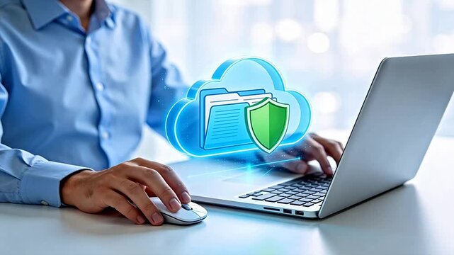 Person using laptop with cloud security graphic