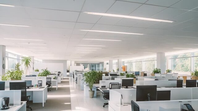 Clean and bright contemporary open plan office space featuring numerous empty workstations and green plants, creating an organized and inviting business environment