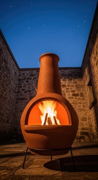Outdoor clay chiminea fireplace at night in stone courtyard with starry sky and burning fire