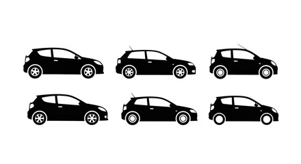 Fototapeta premium Set of Six Black Hatchback Cars Silhouettes on White Background