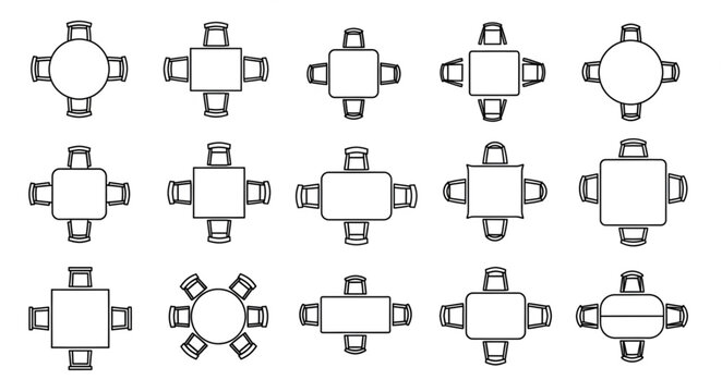 Collection of various table and chair arrangements for dining or meeting spaces.