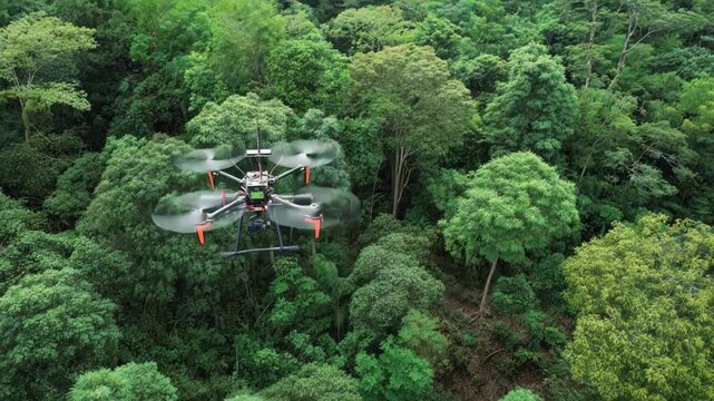 Medium shot of a drone capturing overhead views of a lush forest showcasing advanced technology for digital ecosystem mapping in natural habitats.